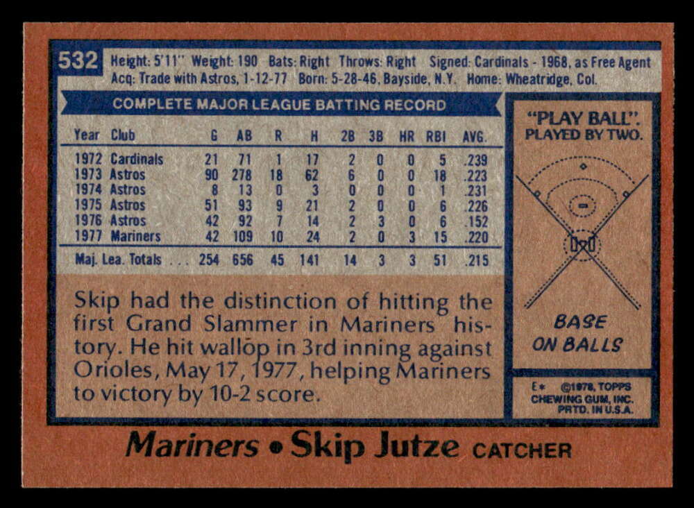 1978 TOPPS SKIP JUTZE SEATTLE MARINERS NM+ X6736 | eBay