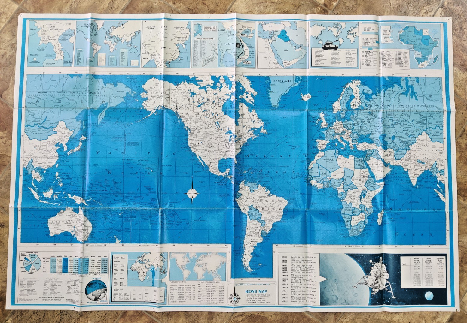 Vtg 1970 Associated Press Background News Map Vietnam War Apollo Moon Missions