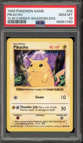 Pokemon Pikachu Base Set Shadowless Yellow Cheeks #58 PSA 10 Gem Mint