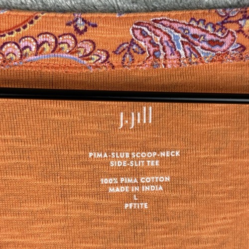 J Jill Pima-Slub Scoop Neck Side Slit Tee Women Large Petite Orange Paisley - Picture 3 of 14