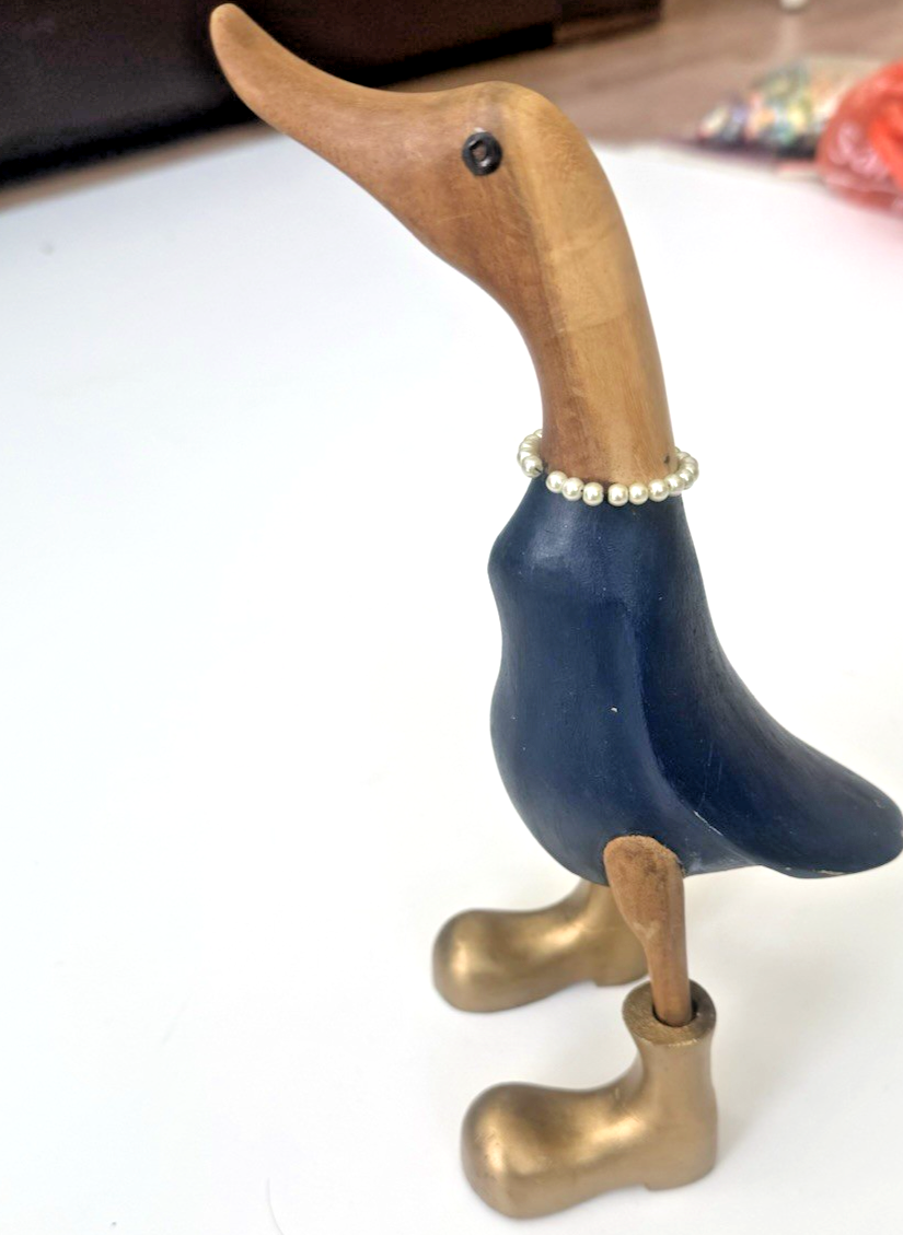Hand Carved Wooden Duck In Wellington Boots Ornament Bamboo Bird Sculpture