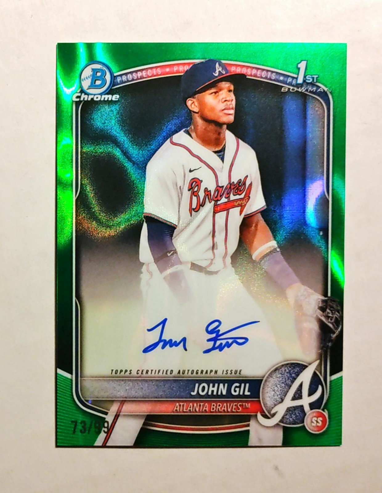 John Gil 2025 1st Bowman Chrome AUTO Prospect GREEN Lava REFRACTOR 73/99 RC D6