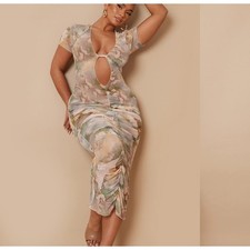 NEW SHAPE WATERCOLOUR PRINT SHEER MESH PLUNGE RUCHED MIDAXI DRESS SZ SM 