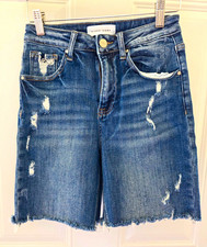 Risen Jeans Women  s Blue Mid Rise Distressed Bermuda Shorts 5-Pocket Zip S