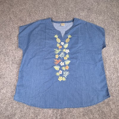 Blair Top XL Blue Chambray Floral Embroidered Pineapple Aloha Tropical Boho