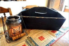 1800s antique WOOD BOX w HANDLE black paint TOOL CADY CARPENTER early folk art