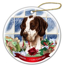 Brown and White English Pointer Dog Porcelain Ornament Santa I Can Explain