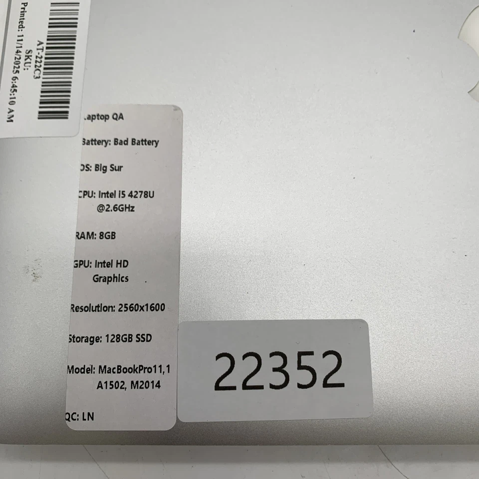 Apple Macbook Pro M2014 A1502 i5 4278U 2.6GHz 8GB Ram 128GB SSD Big Sur Bad Bat - Image 4 of 4