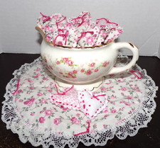 Vintage Pink Floral Pope-Gosser China Creamer with 20 Handsewn Hearts and Doily