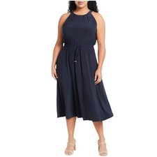 Tommy Hilfiger Halter Midi Dress Drawstring Waist Stretch Womens 12 Navy Blue