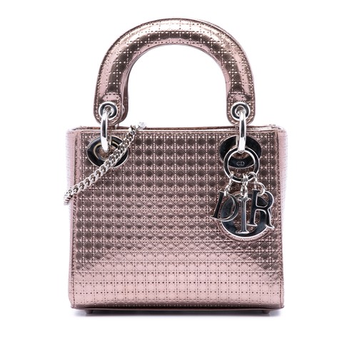 Dior Mini Metallic Patent Microcannage Lady Pre-Loved Satchel Pink