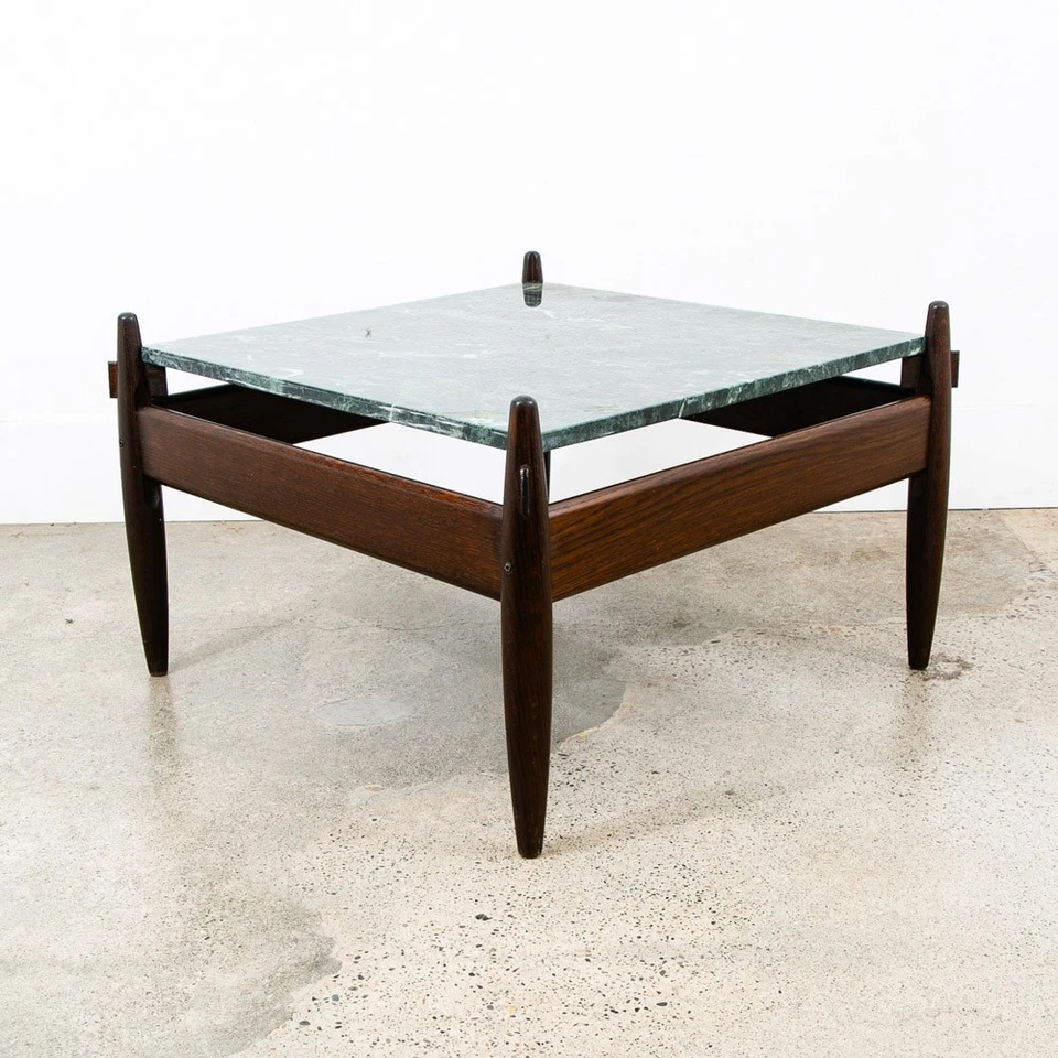 Mesa de centro moderna Mid Century cuadrada verde mármol base roble Sergio Rodrigues Foto 4 de 4