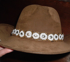 Vintage Southwest Golden Silver White Beaded Mens Stretch Hatband