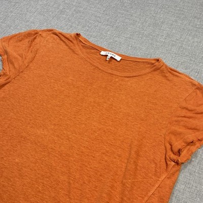 FRAME Shirt Womens Small Orange Crew Neck Short Sleeve Ruffle Linen Relaxed