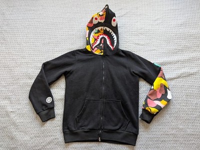 A Bathing Ape Bape Shark Hoodie Mens Medium Black Camo Full Zip WGM Sweatshirt
