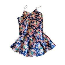 Vintage Floral Satin Slip Dress Navy Blue Pink Rose Ruffle Flounce Hem Medium