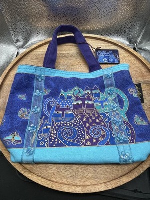 Laurel Burch Tote Bag Womens Blue Purple Cats Canvas Zip Top Beaded Embellished