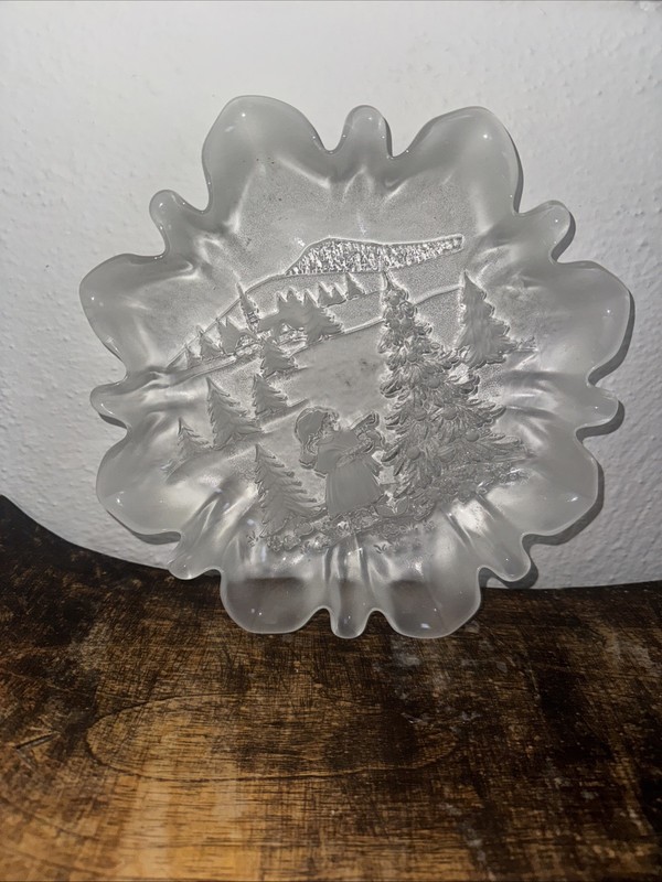 Walther Glass Plate Germany Christmas Scene Embossed Frosted and Clear Glass