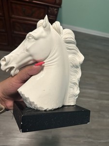 White Plaster Horse Head Bust Figurine Sculpture on Black Base
