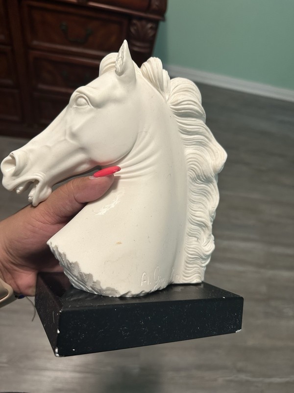 White Plaster Horse Head Bust Figurine Sculpture on Black Base