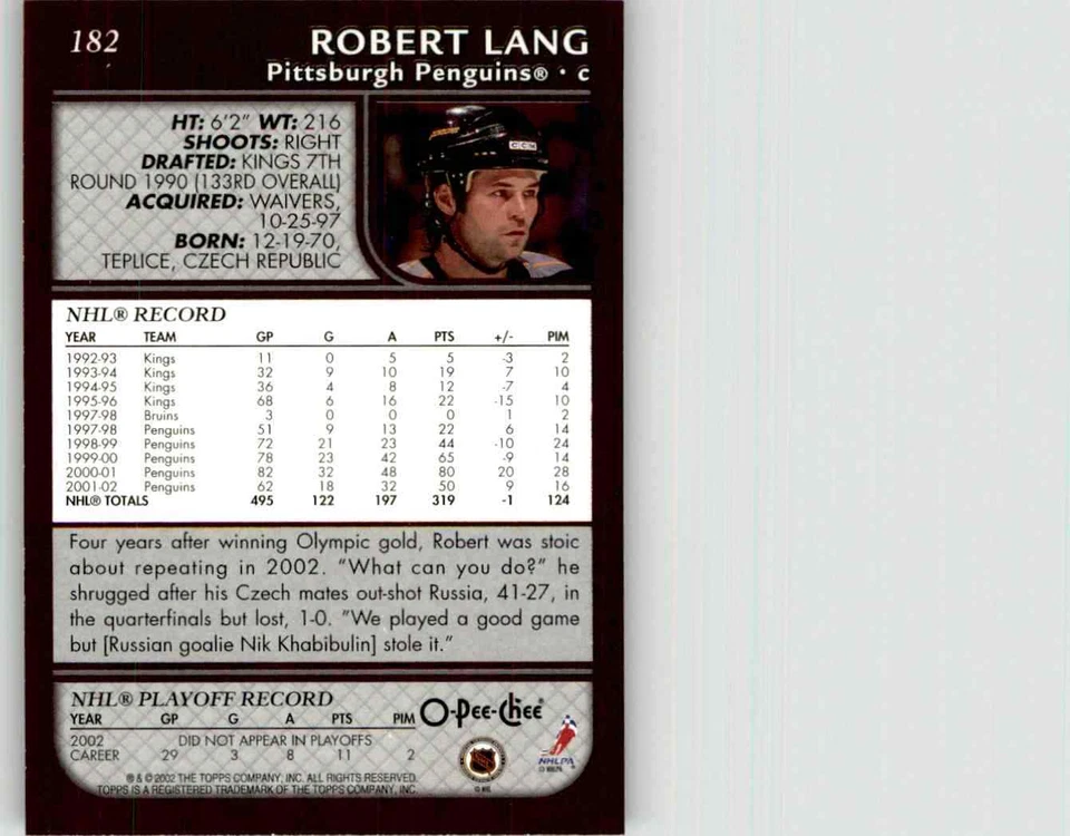 2002-03 O-Pee-Chee Robert Lang #182 - Image 2 of 2