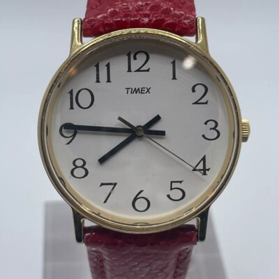 Timex Easy Reader Watch Mens Vintage 32mm Case Red Leather Band Quartz