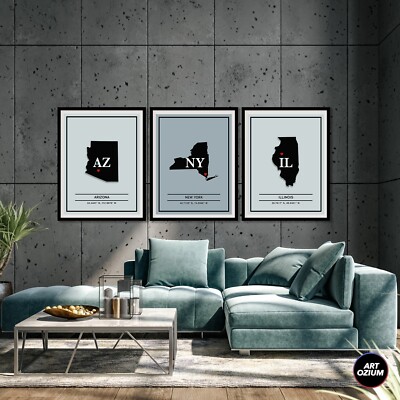 Custom States Prints Set of 3 size 11x14 inches. State Map