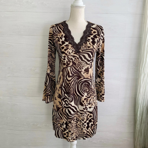 Natori - Brown animal print lace trim tunic dress,