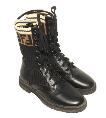 Fendi Roma schwarze Leder Kampfstiefel mit FF Bündchen Rockoko Stiefel Gr. 37