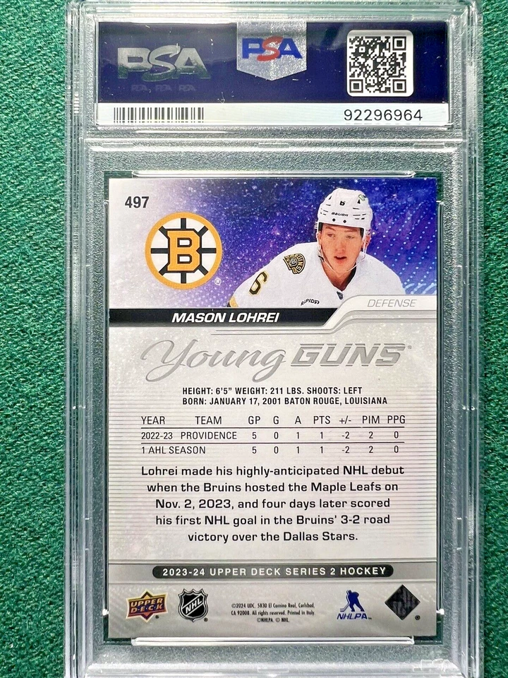 2023-24 Upper Deck Mason Lohrei Rookie Young Guns #497 Boston Bruins PSA 10 RC! - Image 2 of 2