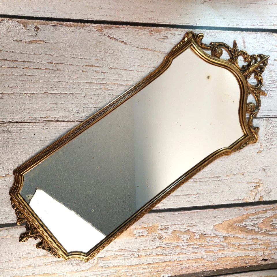Miroir vintage allongé en style baroque & rocaille en bronze et laiton France - Photo 3/4