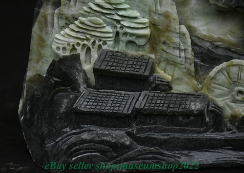 8.8" Chinese Natural Dushan Jade Carved Mountain Tree House Waterwheel Statue - Picture 9 of 11
