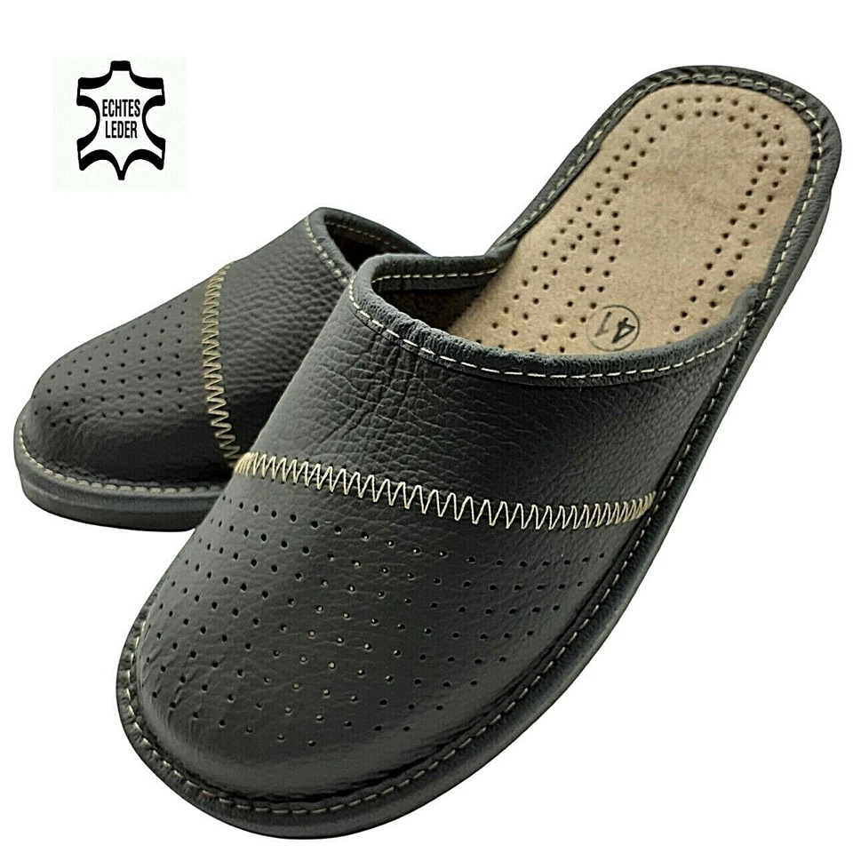 ✅ Herren Leder Echtleder Hausschuhe Latschen Pantoffeln grau  Gr.40 - 48 EU Ware - Bild 2 von 2