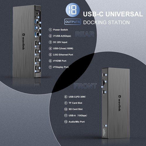 USB-C 4K Quad Monitor Video Docking Station Dual 5K Display HDMI/USB3.1/DP/RJ45 - Picture 5 of 13