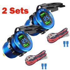 2 Sets Dual USB Blue Car Cigarette Lighter Socket LED Voltmeter 12-24V Aluminum