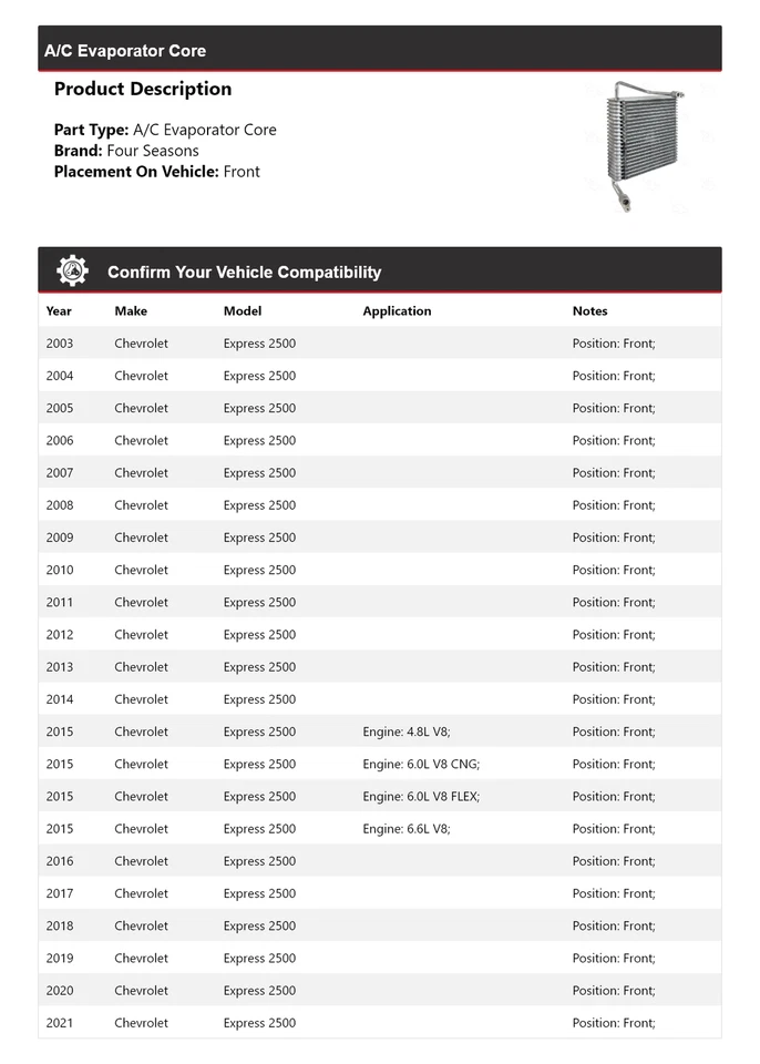 Núcleo evaporador delantero 4 estaciones 2004 para Chevrolet Express 2500 2003-2021 Foto 2 de 4
