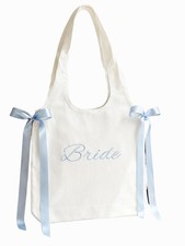 White Canvas Bride Tote Bag with Blue Satin Bows - Bachelorette Party Decor, ...
