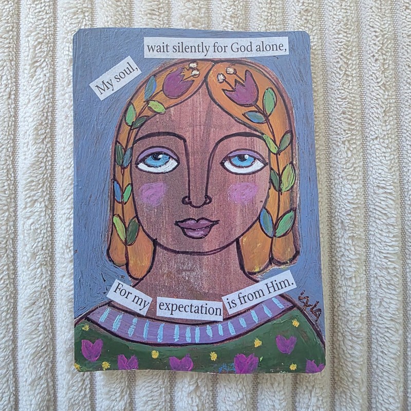 ORIGINAL ACEO Folk Art Painting Girl Woman Soul Psalm Wait God Bible Scripture