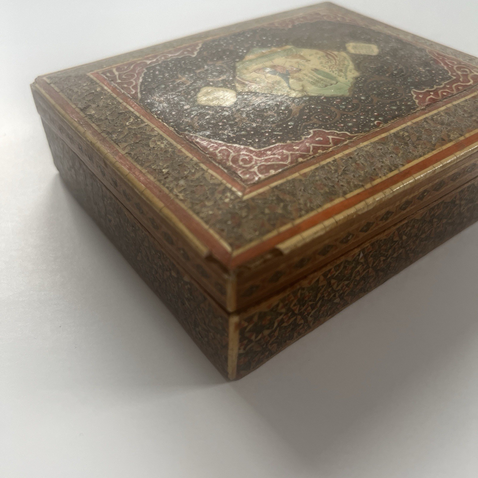 Vintage Persian Khatam Inlaid Micro Mosaic Jewelry box hand Painted 5’’ X 4.5’’