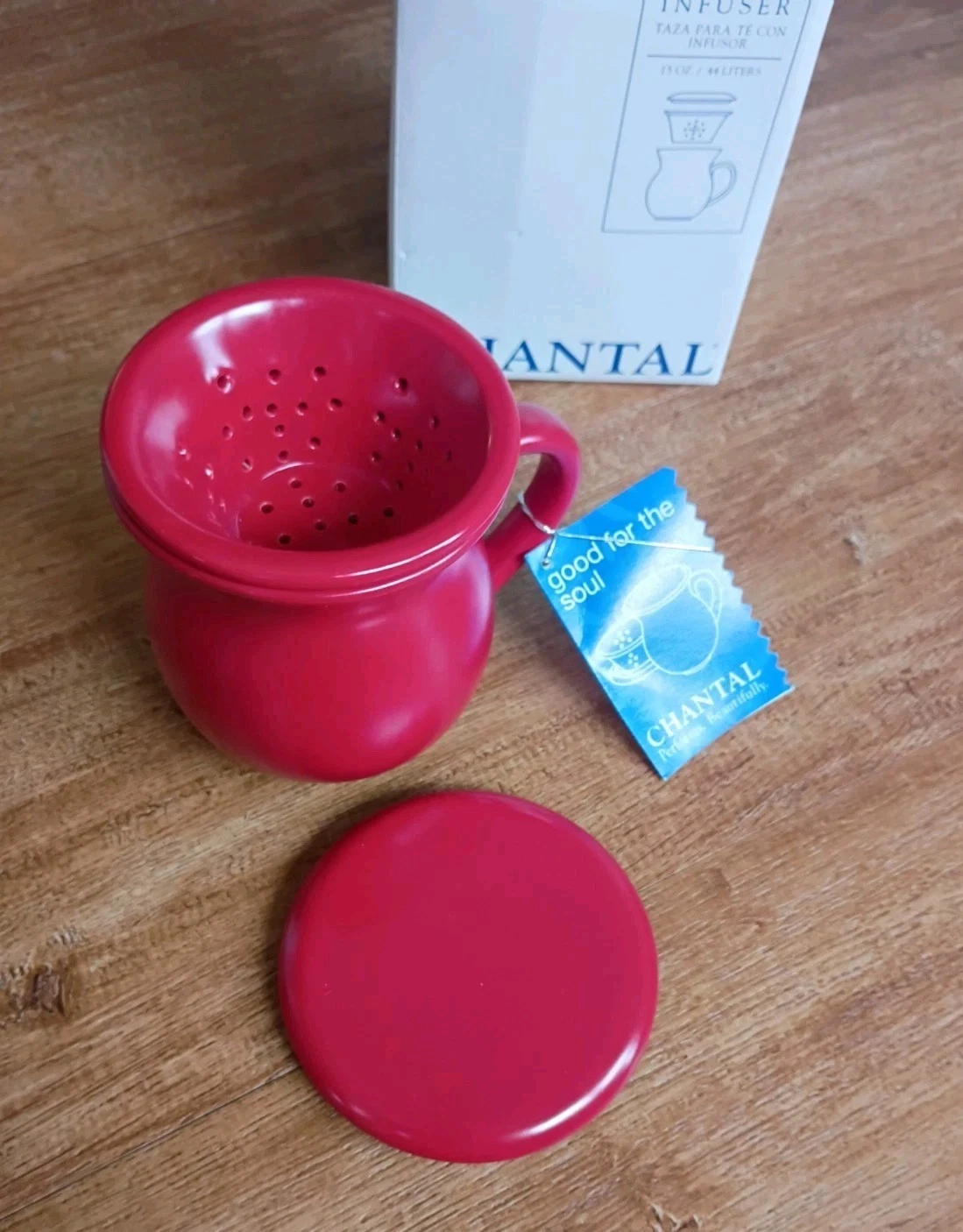 New Chantal Coffee Tea Mug w/Infuser Lid 15 Oz Red Ceramic NIB