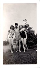 Vintage 1940s 50s Snapshot Photo Man 2 Women Swimsuits Bathing Suits Beach