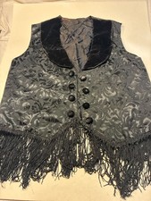 Vintage Black Floral Jacquard Waistcoat Vest with Velvet Lapels and Fringed Hem
