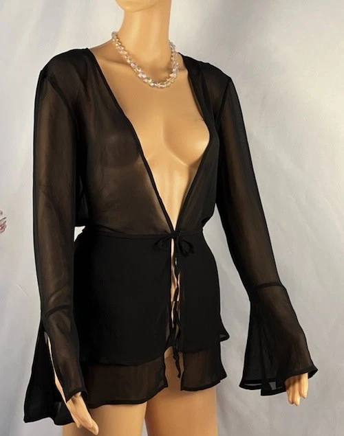 Newport News Mujer Talla 10 ELEGANTE CHAQUETA TRANSPARENTE NEGRA PEPLUM MANGA LARGA ¡RARA! Foto 4 de 4