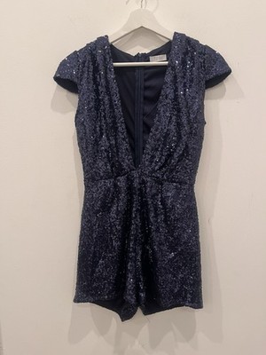 Tobi Sequin Deep V Fitted Holiday Jumpsuit Shorts Blue Sz Small Party