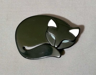 Vtg. Lea Stein Paris Black Cat Curled-Up Black Cat Brooch Pin