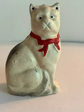 Vintage Cast Iron Cat Bank 4" Tall with Red Bow Still Bank