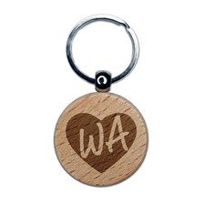 WA Washington State in Heart Engraved Wood Round Keychain Tag Charm