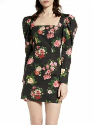 NA-KD Mini Dress 8 Puff Shoulder Cotton Blend Floral Black Multi EUC B58