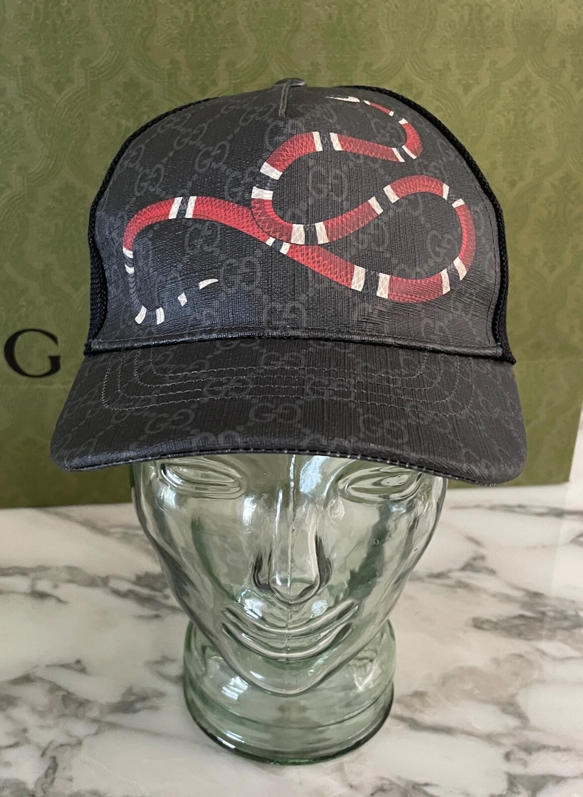 Chapeau casquette de baseball Gucci GG Kingsnake logo suprême noir/gris taille S neuf avec étiquettes