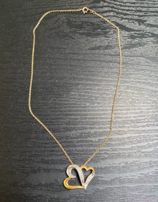 Double Heart Pendant Silvertone & Goldtone w Diamond Chips SS925P & 16'' Chain